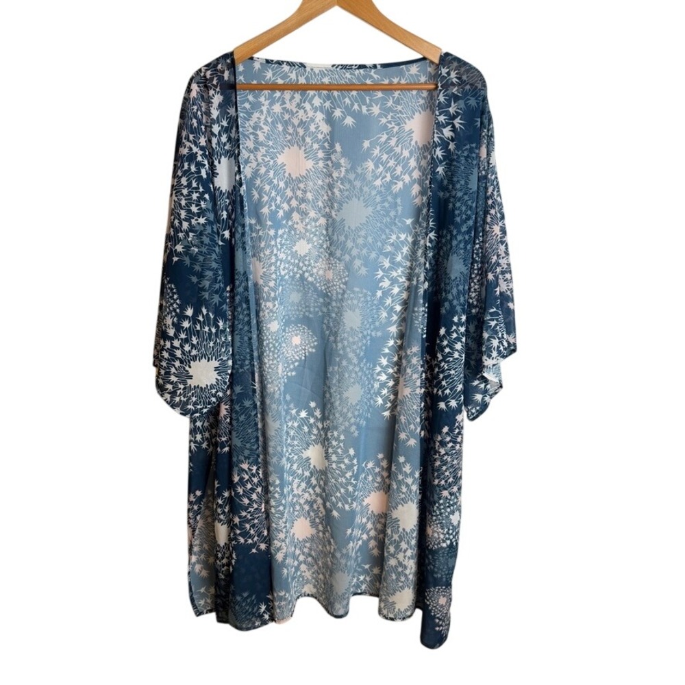 Women Blue Starburst Floral Sheer Kimono Cardigan 3XL Blue Festival Boho Spring